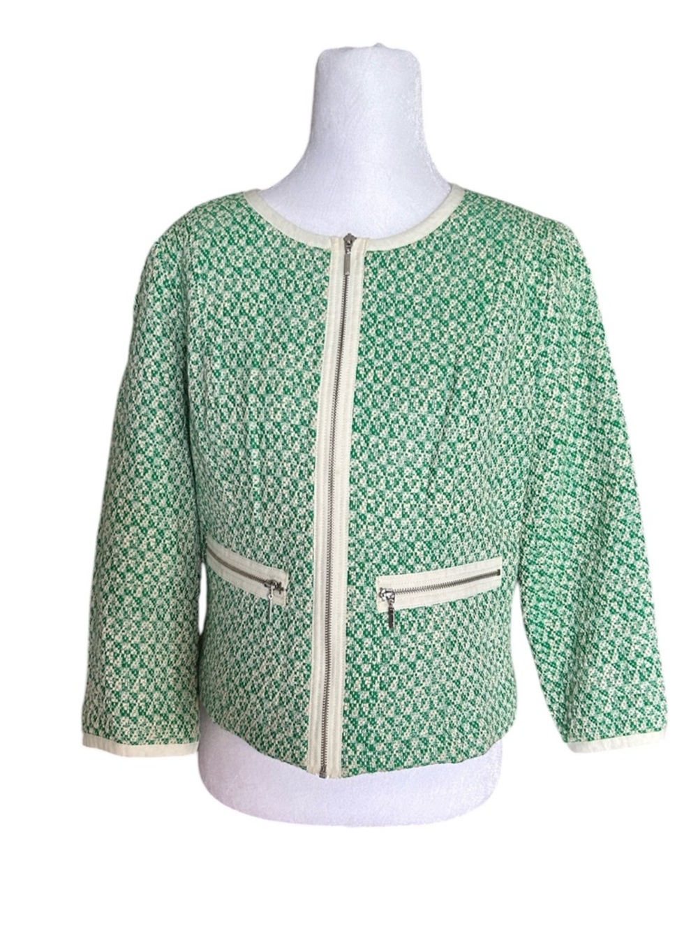 CAbi Clover Tweed Jacket Size 6 Green Cream Zip Front Blazer Style 726 Spring